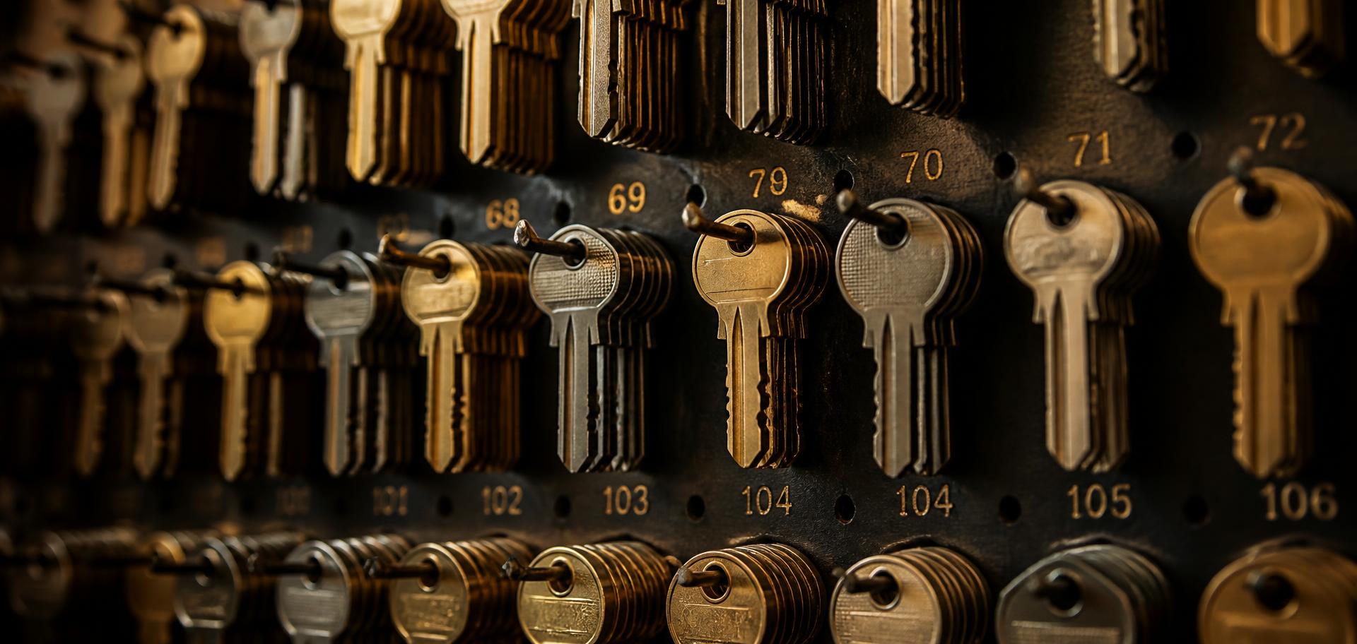 Rows of blank keys in a locksmith workshop